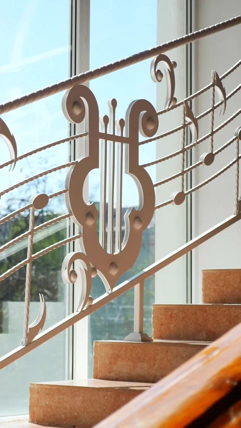 Vertical, Musical notes cascading down a staircase. Staircase adorned with whims Stock Footage 296106744