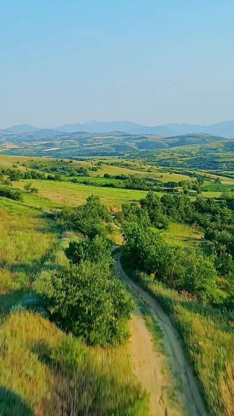 Vertical nature wallpaper, countryside, path across rolling fields Stock Footage 283342480