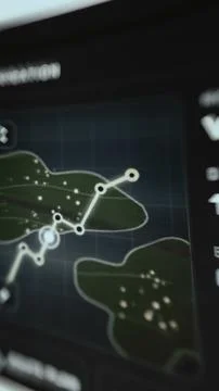 Vertical navigation dashboard plots a luminous route through several island Stock Photos