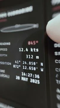 Vertical navigation panel reports heading 045 degrees, speed 12.4 knots Stock Photos