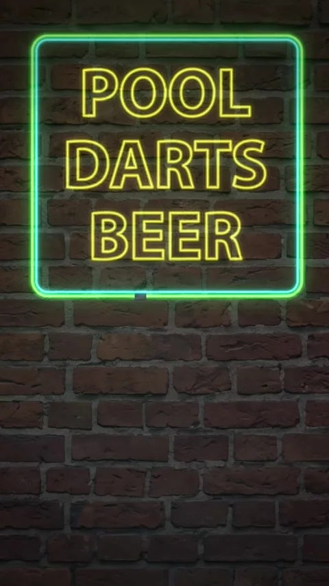 Vertical Neon Bar Sign Flickering on Dark Brick Wall Background Stock Footage 341541683