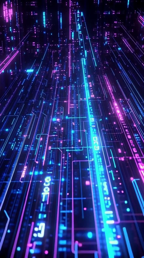 Vertical Neon Cyber Grid Background with Electric Blue and Purple Glow Stock Footage 312373925