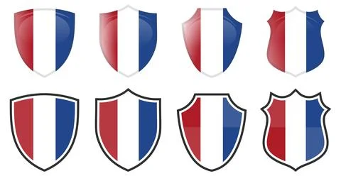 Vertical Netherlands flag in shield shape, four 3d and simple versions. Dutch Stock Illustration