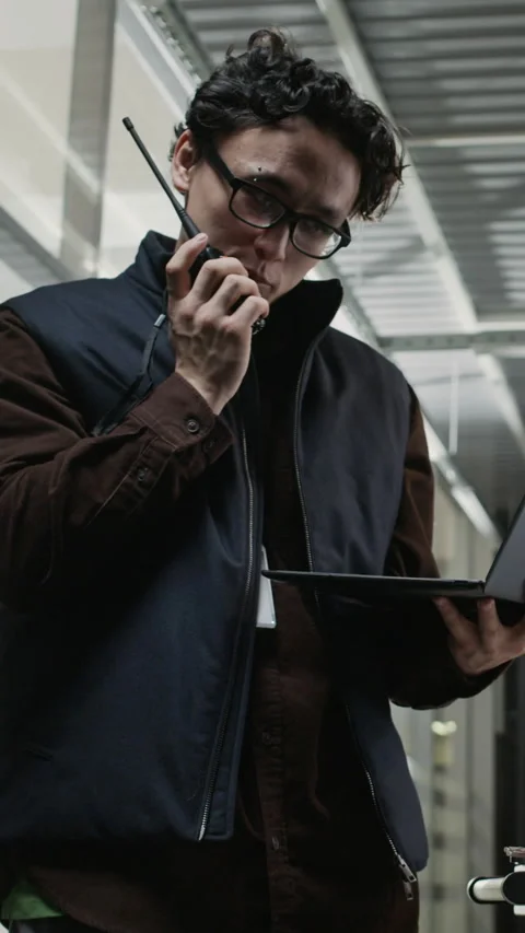 Vertical of Network Engineer Using Radio While Checking Laptop in Data Center Stock Footage 330541575