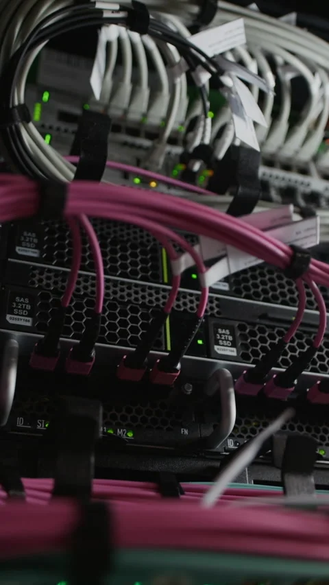 Vertical of Network Switch with Fiber Optic Connections in Data Center Rack Stock Footage 330541830