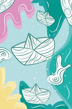 Vertical neutral colored background with paper boat sketches Vector Stock Illustration
