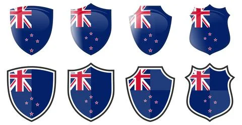 Vertical New Zealand flag in shield shape, four 3d and simple versions. Zeala Stock Illustration