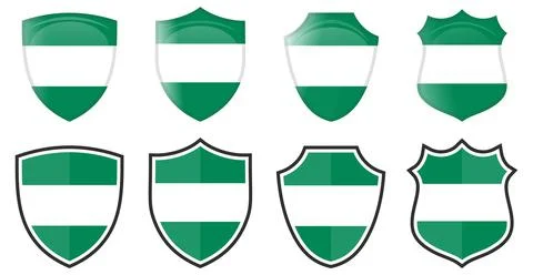 Vertical Nigeria flag in shield shape, four 3d and simple versions. Nigerian  Stock Illustration