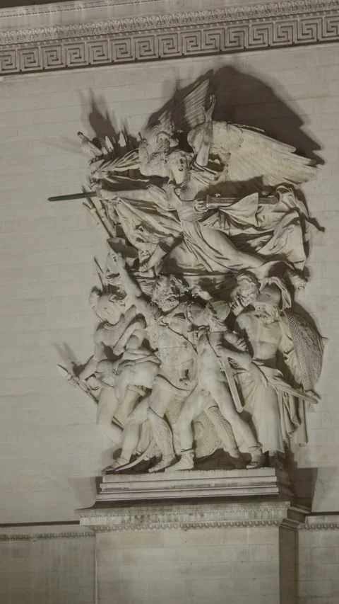 Vertical Night Close-Up of Arc de Triomphe Sculpture in Paris Stock Footage 323907925