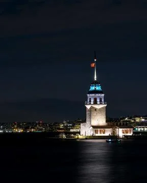 Vertical Night Glowing Lighthouse Tower in Istanbul, Turkey Stock Photos
