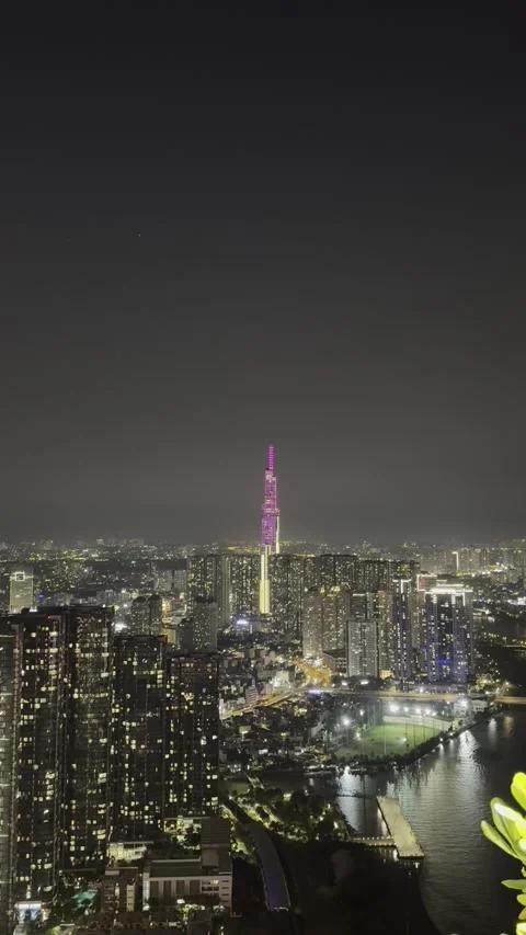 Vertical night HCMC downtown from IFC roof. Stock Footage 333467480