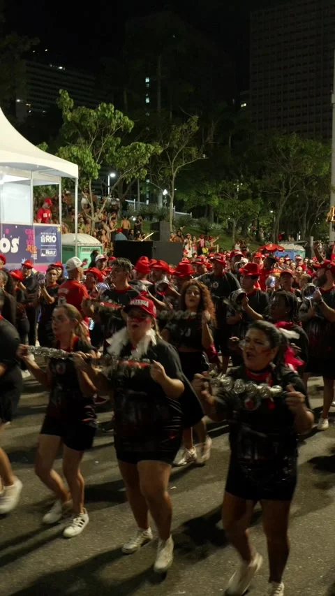 Vertical night shot of people dancing and playing instruments during a Rio de Stock Footage 336179913
