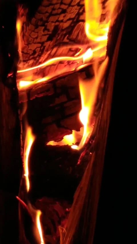 Vertical night video with fire in the fireplace Stock Footage 201813664