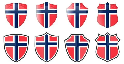 Vertical Norway flag in shield shape, four 3d and simple versions. Norwegian  Ilustración de archivo