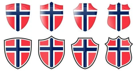 Vertical Norway flag in shield shape, four 3d and simple versions. Norwegi... Stock Photos