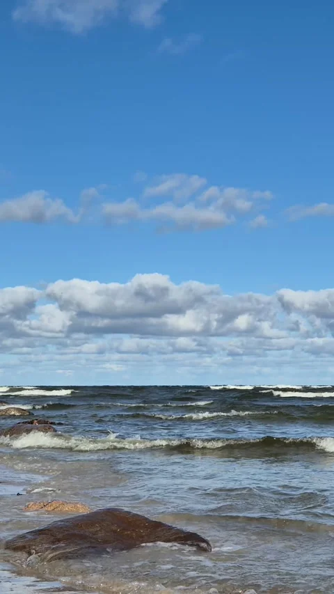 Vertical Ocean Waves With Moving Clouds — Relaxing Shoreline Sound (9:16) Stock Footage 321416592