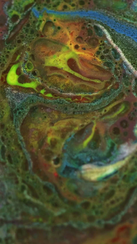 Vertical Oil fluid blend paint bubbles texture green blue Video stock 283320445