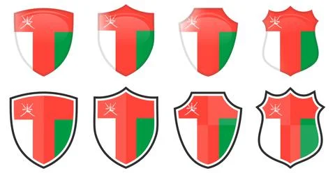 Vertical Oman flag in shield shape, four 3d and simple versions. Omani icon / Stock Illustration