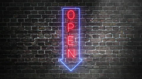 Vertical Open with arrow in down direction neon signboard on bricks wall. Stock-Footage 220858055