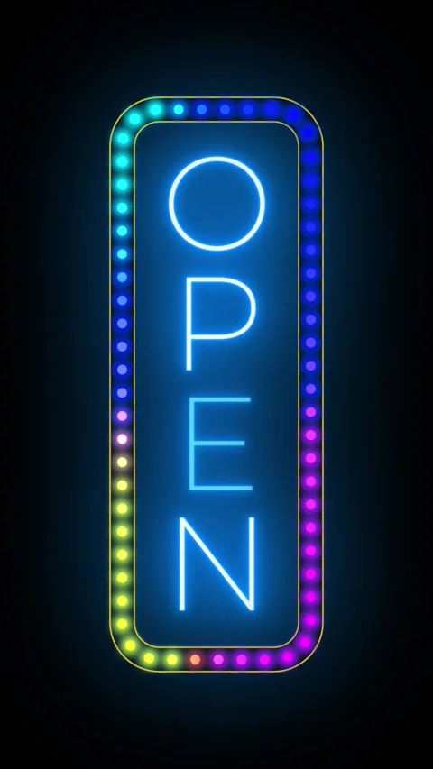 Vertical Open Neon Sign Animation Black Background Stock Footage 313173860