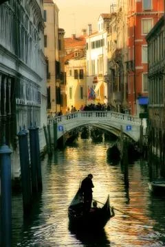 Vertical oriented image of gondola passing on small canal among historic hous Stock Photos