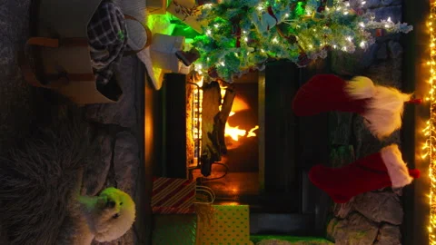 Vertical oriented Xmas background mobile content 4K, Funny dog near Fireplace 스톡 동영상 251758298