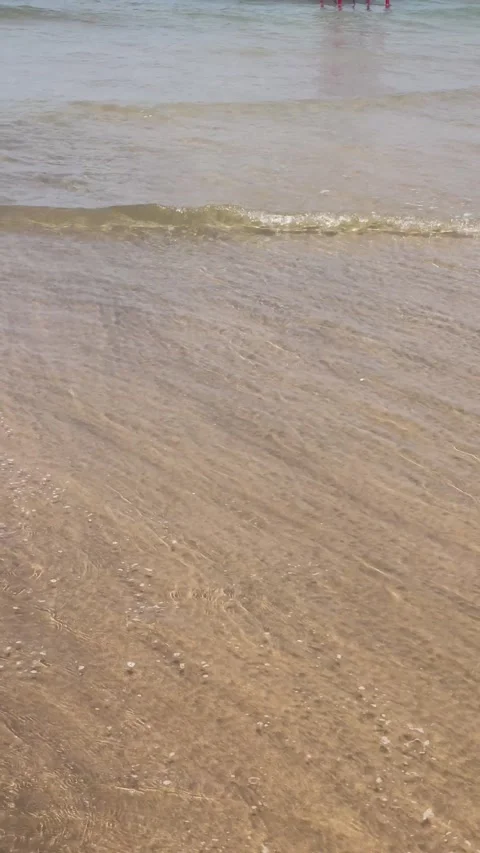 Vertical Overhead Shot of Gentle Tide Washing Over Sandy Beach Stock Footage 340775122