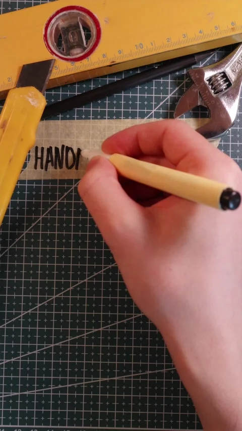 Vertical overhead shot of writing HANDMADE HOME on masking tape with tools. 스톡 동영상 337816376