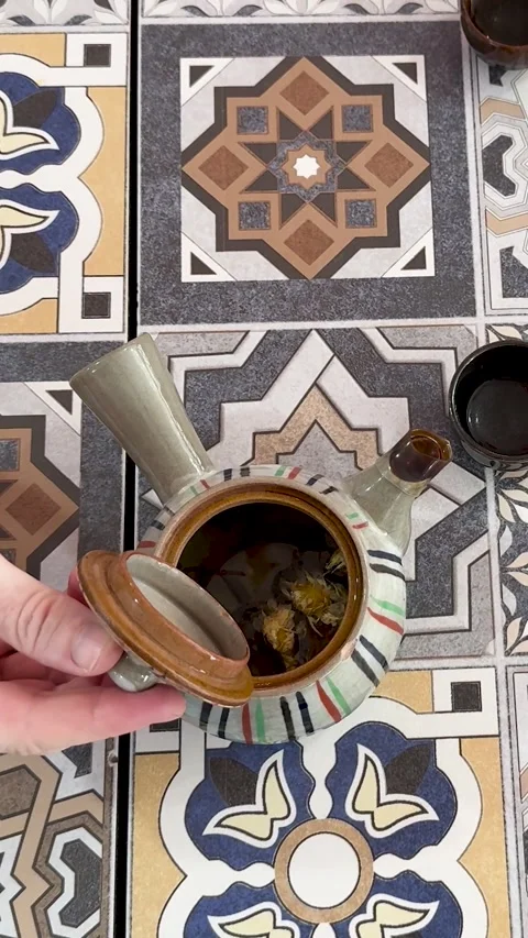 Vertical Overhead View of Hand Opening Ceramic Teapot on Patterned Tiles Stock Footage 329145005