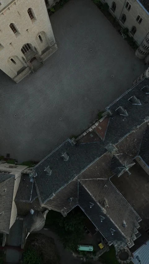 Vertical overhead view of Marienburg Castle rooftops and courtyard Stockbeeldmateriaal 340160059