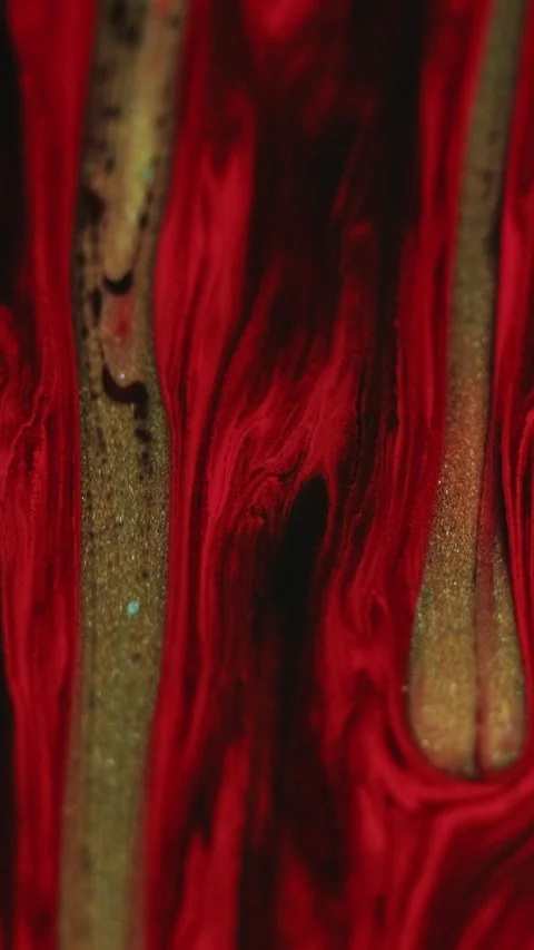 Vertical paint drip glitter fluid spill red gold Stock Footage 285366125