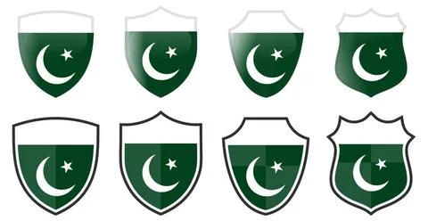 Vertical Pakistan flag in shield shape, four 3d and simple versions. Pakis... Stock Photos