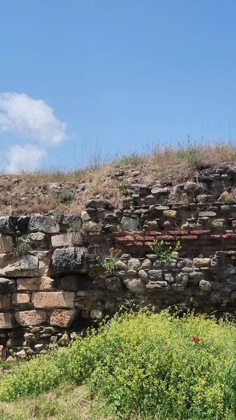 Vertical Pan of Ancient Roman Walls in Sardis Turkey Stock Footage 336927958