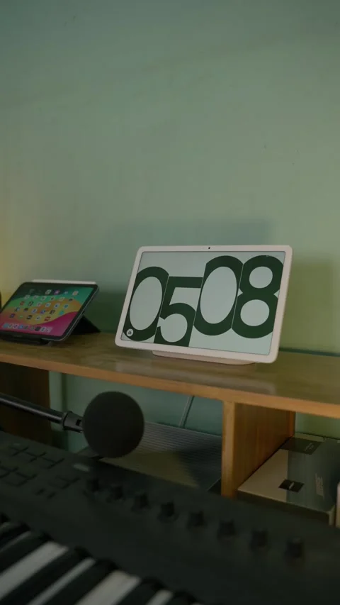 Vertical pan footage of a google pixel android tablet showing a big digital Video stock 263425357