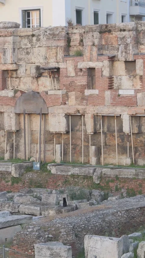 Vertical Pan of Hadrian's Library in Athens, Greece Stock Footage 342280053