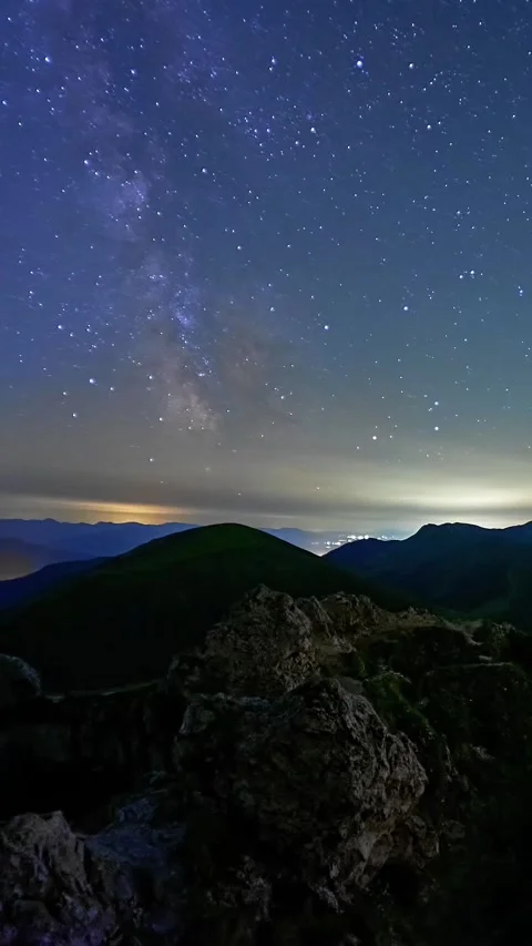 Vertical Pan, Night Sky with Milky Way Over Mountain Landscape Видео 313594660