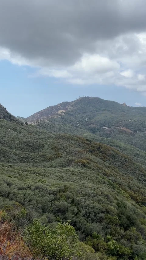 Vertical pan over green canyons near Topanga, California Video stock 347320507