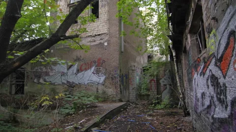 Vertical pan in the yard of an abandoned building Stock Footage 58289509