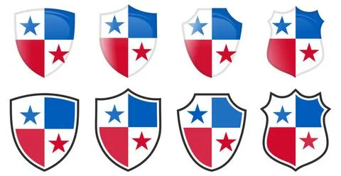 Vertical Panama flag in shield shape, four 3d and simple versions. Vertica... Stock Photos