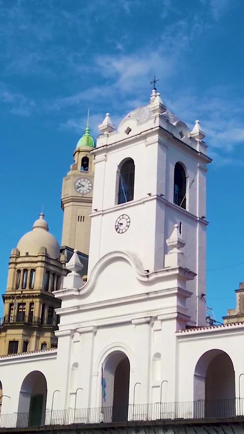 Vertical panning Cabildo Buenos Aires colonial clock tower building with Stock Footage 333058036
