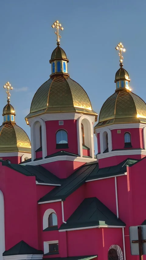 Vertical Panning View Of Pink Orthodox Cathedral With Gold Domes Stock Footage 314746786