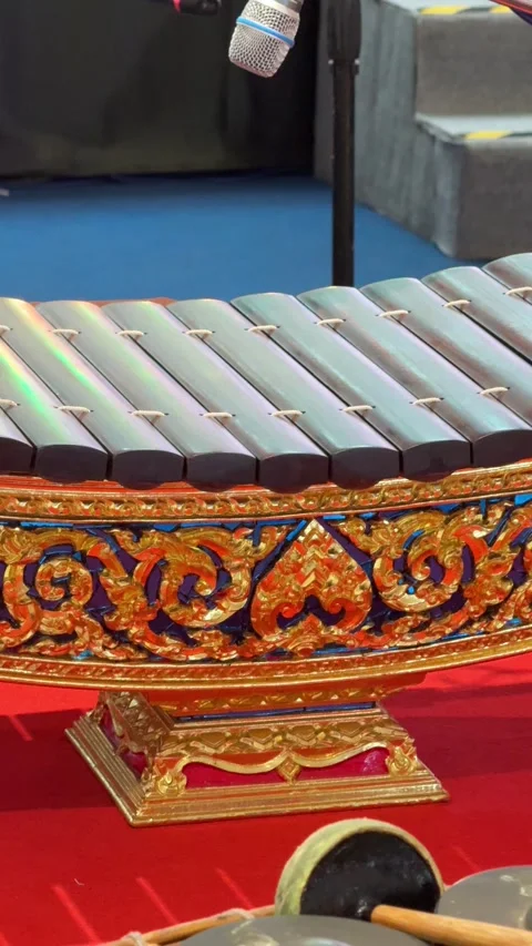 Vertical Panning View Of Traditional Ranad Xylophone Instrument On Stage Stock Footage 345710524