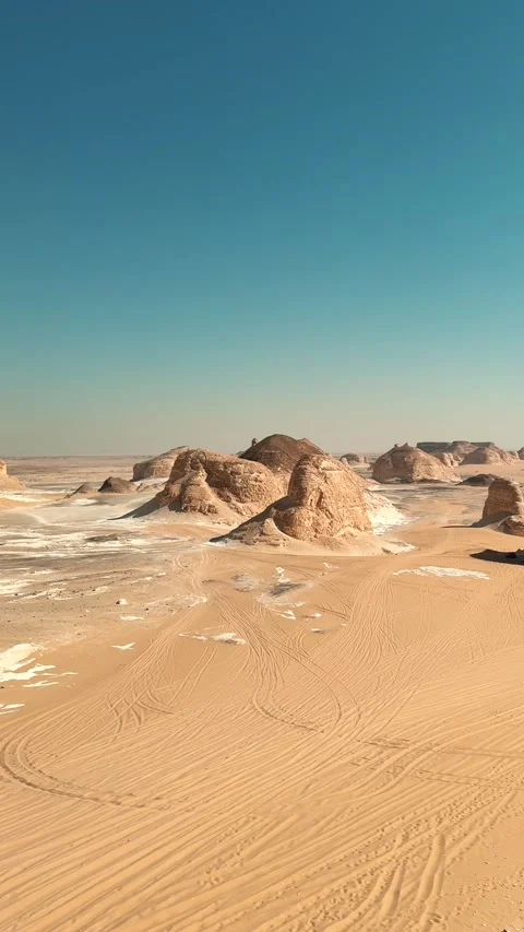 Vertical panorama of desert valley with limestone wind shaped rocks and sand Stock-Footage 340867752