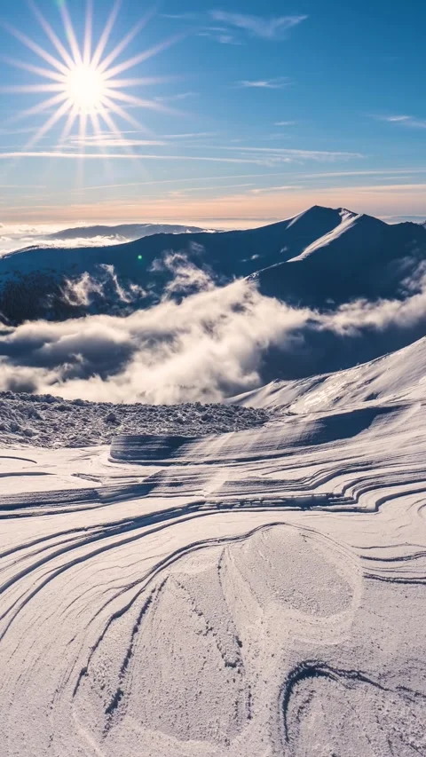 Vertical Panorama of Sunset in Winter Alps Mountains Misty Landscape Stock Footage 312236522