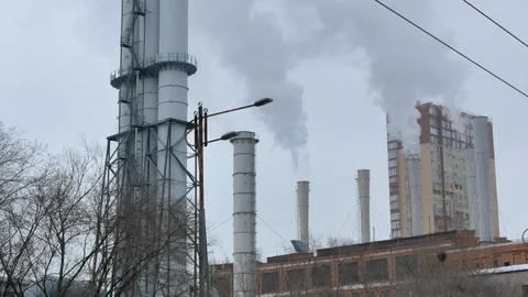 Vertical panorama video of factory chimneys Stock Footage 100652829