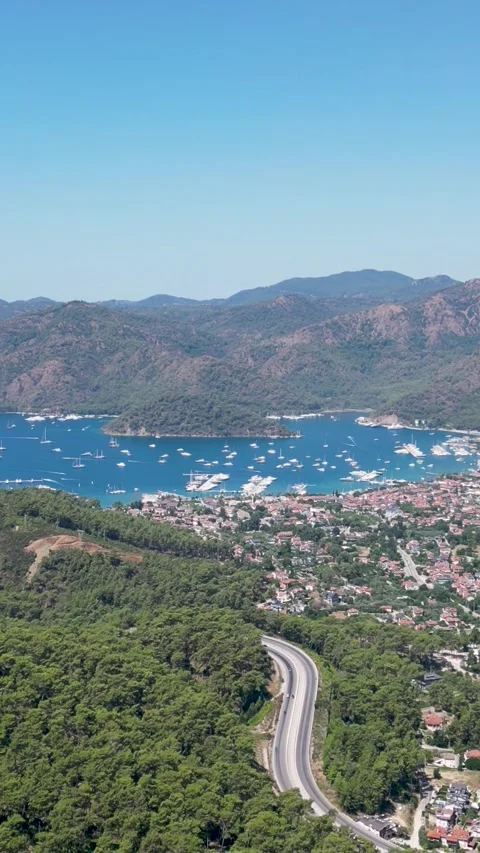 Vertical panoramic aerial drone view of Göcek marina and Fethiye bay Vídeos de archivo 340024859