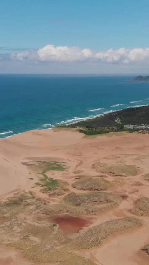 Vertical Panoramic Aerial of Tottori Sand Dunes Coastline in Japan, San’in Stock Footage 324944372