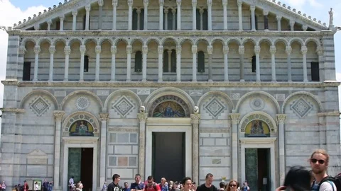 A vertical panoramic of the Cathedral of Pisa in the Square of Miracles Stock-Footage 83736697
