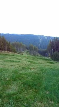 Vertical panoramic image of mountain meadow. Ski slope in Beskydy in summer. Stock Photos