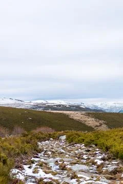 Vertical panoramic image of a stone path covered with snow and ice among the Stock Photos